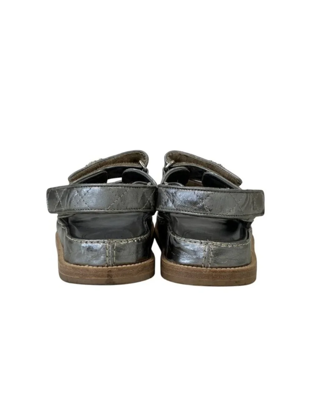 Chanel CC Logo Leather Quilted All Pattern Sports Sandals 35c Silver